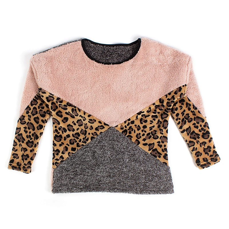 YIWU Factory Fuzzy Color Blocking Teddy Pullover Crew Neck Leopard Print Sherpa Fleece Sweatshirt