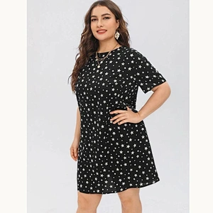 2021 New Plus Tied V-back Star Dress Printed Dress O Neck