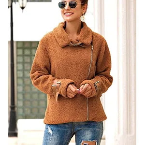 Womens Faux Fur Winter Suit Jacket Teddy Coat Buckle Inclined Zipper Sherpa Pullover