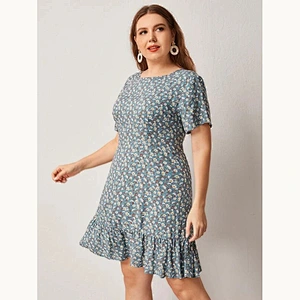 2021 New Plus All Over Print Flounce Short Sleeve Dress Printed dress O Neck