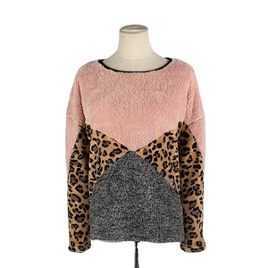 YIWU Factory Fuzzy Color Blocking Teddy Pullover Crew Neck Leopard Print Sherpa Fleece Sweatshirt