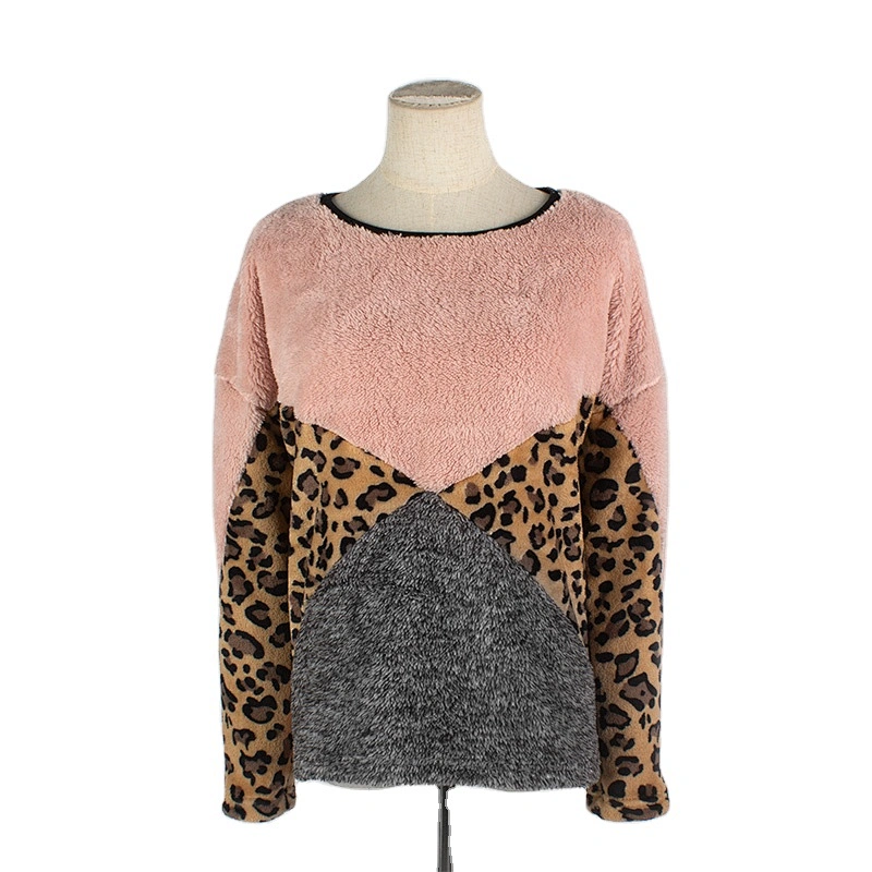YIWU Factory Fuzzy Color Blocking Teddy Pullover Crew Neck Leopard Print Sherpa Fleece Sweatshirt