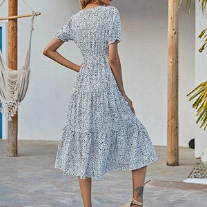 2021 New Arrival Confetti Print Ruffle Hem Puff Sleeve Dress Ladies Dresses Elegant Office Dress