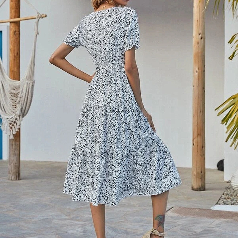 2021 New Arrival Confetti Print Ruffle Hem Puff Sleeve Dress Ladies Dresses Elegant Office Dress