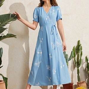 2021 New Arrival Floral Print Wrap Hem A-line Dress Casual Dress Office Sexy Lady Dress