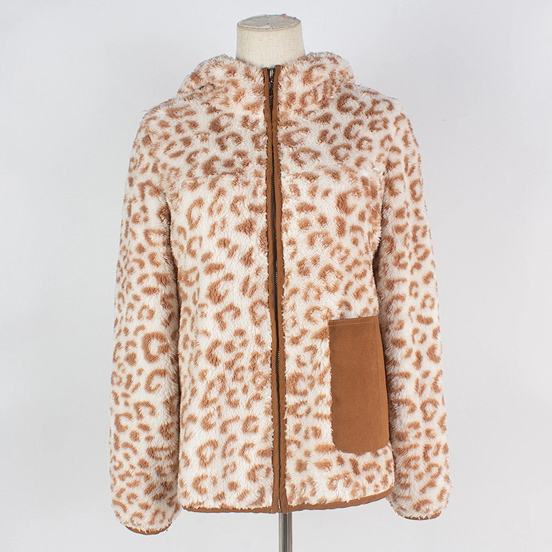Unisex Fuzzy Wool Teddy Coat Full Zip Leopard Print Sherpa Fleece Hoodies