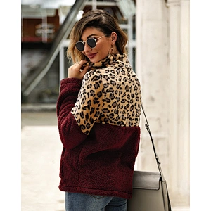 Direct Factory womens Teddy Coat Quarter Zip Up Leopard Print Sherpa Fleece Sweatshirt Pullover
