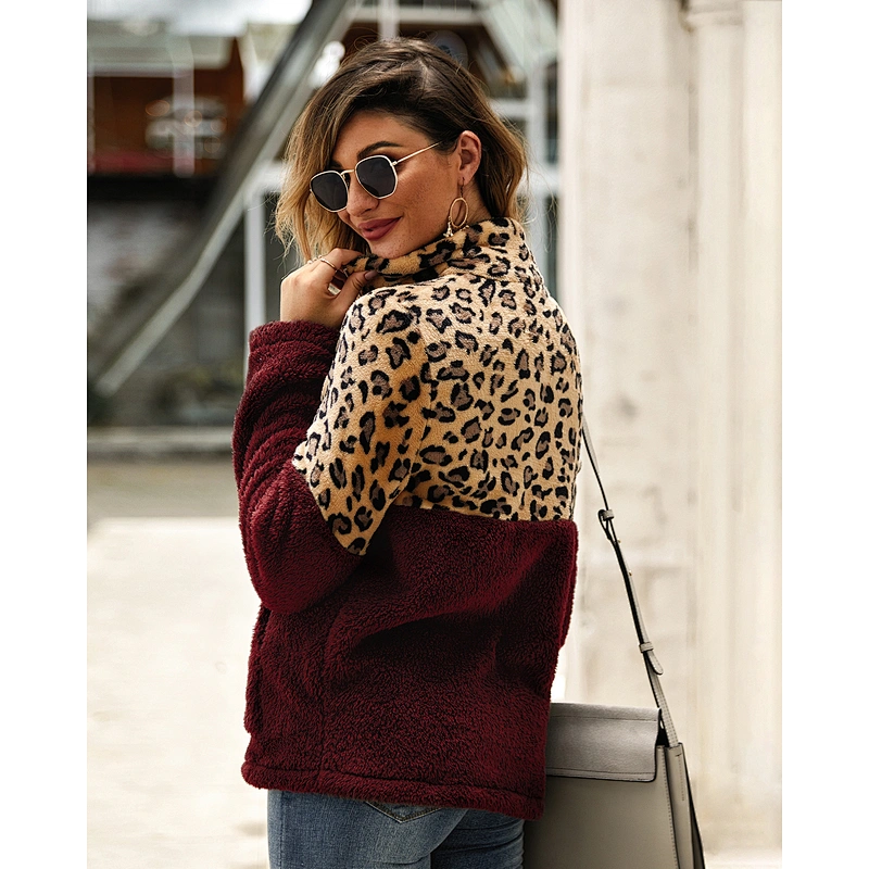 Direct Factory womens Teddy Coat Quarter Zip Up Leopard Print Sherpa Fleece Sweatshirt Pullover