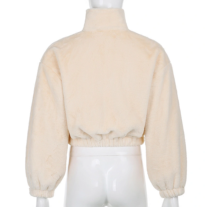 YIWU Factory Womens Turn-down Collar Sherpa Cropped Zip-up Bomber Jacket Pullover