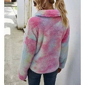 Womens Lambs Wool Front Pocket Teddy Sweatshirt Half Zip Tie Dye Sherpa Fleece Jacket Pullover
