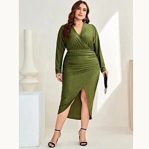 2021 New Plus Ruched Split High Wrap Solid Bodycon Dress
