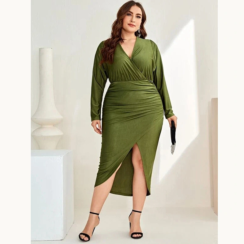 2021 New Plus Ruched Split High Wrap Solid Bodycon Dress