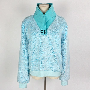 Women's Fuzzy Long Sleeve Sky Blue Color Sweatshirt Button Stand Collar Sherpa Fleece Pullover