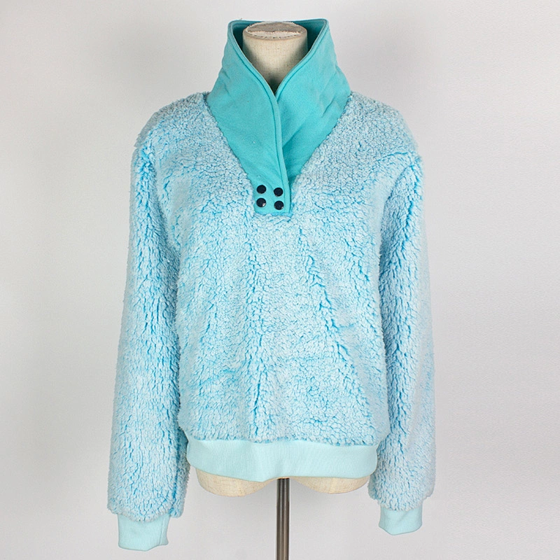 Women's Fuzzy Long Sleeve Sky Blue Color Sweatshirt Button Stand Collar Sherpa Fleece Pullover