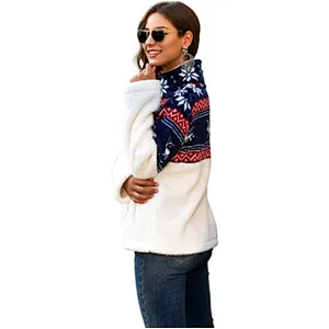 2021 Christmas Womens Patchwork Sweatshirt Turtleneck Quarter Zip Sherpa Fleece Outwear Pullover