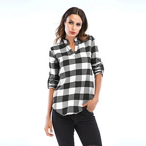 New Design Top Spring Autumn Fashion Blue V neck long sleeve Plaid Women Shirt