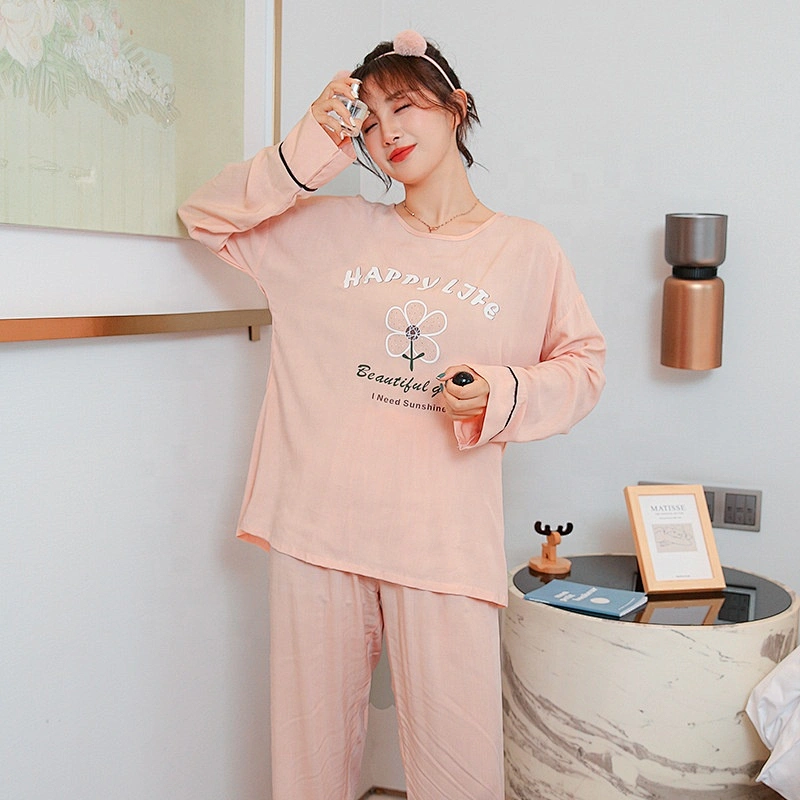 Manufactory Wholesale  Spring  Pyjamas 100%Cotton  Long-Sleeved Long Pant  Pajamas set printed daisy flower