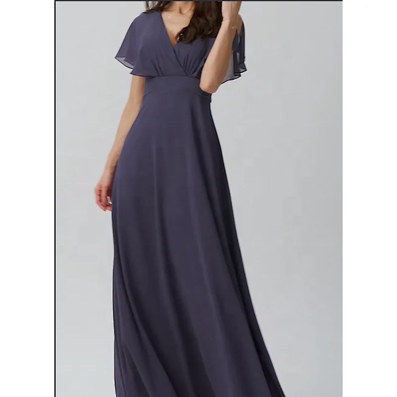 OEM Manufactory Customized  A Line V Neck Floor Length Bridesmaid Dress   Back Bow Tie Chiffon Evening Dress