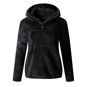 YIWU Factory Womens Fleece Sweatershirt Solid color Button Sherpa Fleece Pullover Hoodie