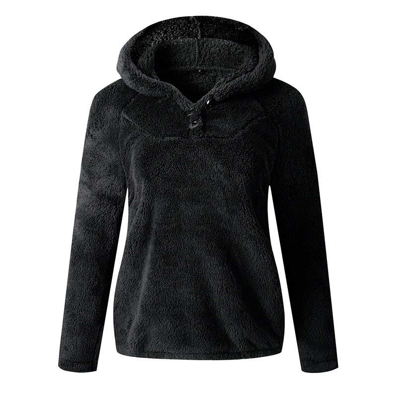 YIWU Factory Womens Fleece Sweatershirt Solid color Button Sherpa Fleece Pullover Hoodie