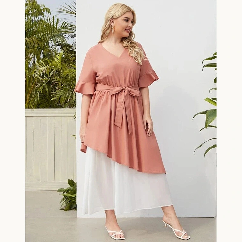 2021 New Plus Two Tone Belted A-line Dress