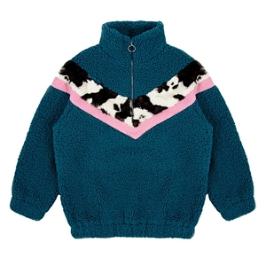2021 New Design Women's Fuzzy 1/2 Zipper V Shape Patchwork Cow Printing Sherpa Fleece Pullover
