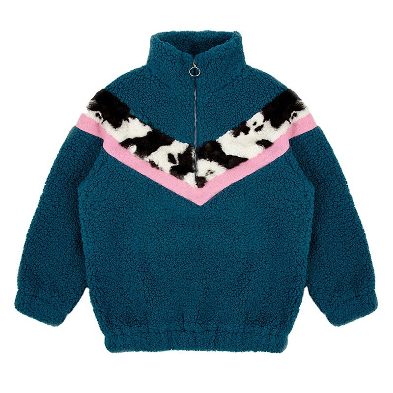 2021 New Design Women's Fuzzy 1/2 Zipper V Shape Patchwork Cow Printing Sherpa Fleece Pullover