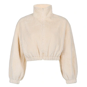 YIWU Factory Womens Turn-down Collar Sherpa Cropped Zip-up Bomber Jacket Pullover