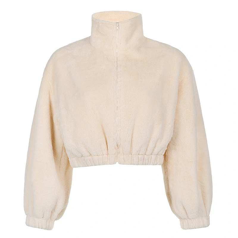 YIWU Factory Womens Turn-down Collar Sherpa Cropped Zip-up Bomber Jacket Pullover