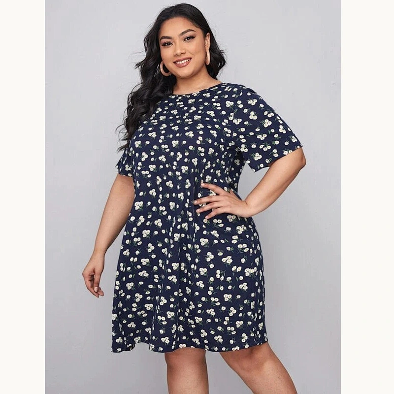 2021 New Plus Ditsy Floral Ruffle Hem Dress Printed dress O Neck short sleeve