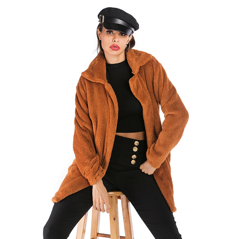 Women's Fuzzy Fleece Open Front Mid Long Cardigan Coat Faux Fur Winter Warm Outwear Pullover with Pocket