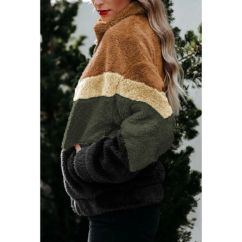 Women's Zip up Polar Sweatershirt Patchwork Sherpa Bomber Fleece Jacket pullover