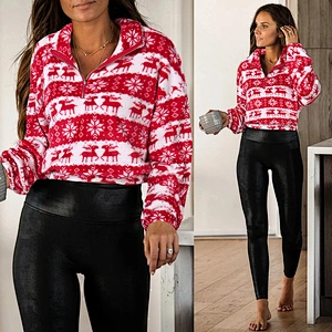 2021 Christmas Turn-down Collar Quarter Zip Sherpa Cropped Pullover