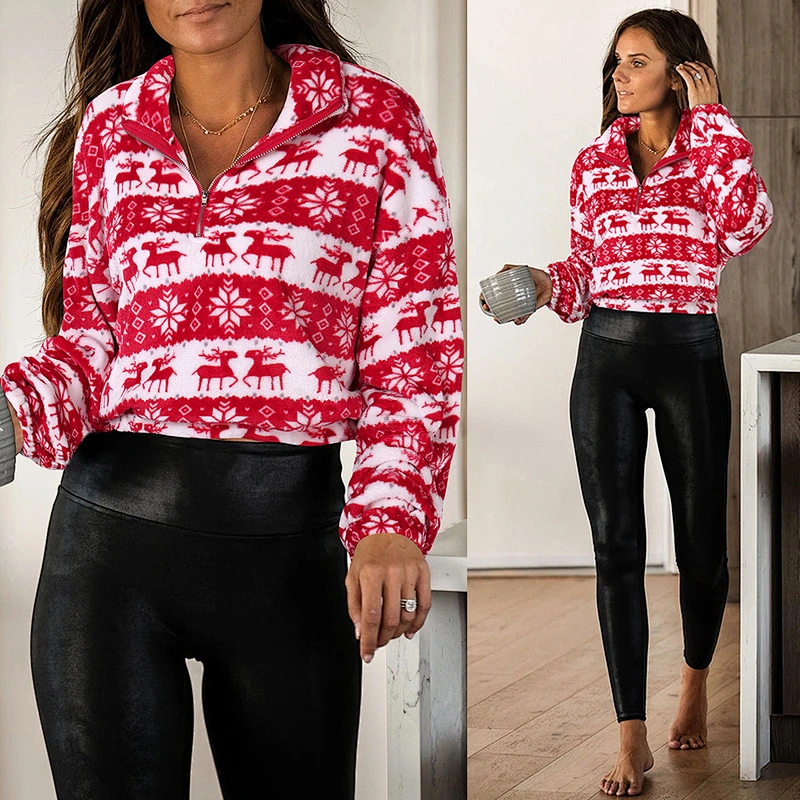 2021 Christmas Turn-down Collar Quarter Zip Sherpa Cropped Pullover