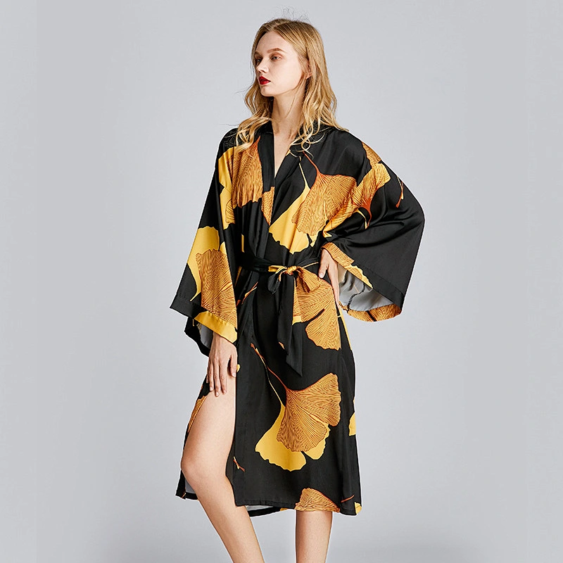 2021 New Arrivel Spring Summer Satin Silk Long Robe Plus Size Robe The Maple Leaves Pajamas