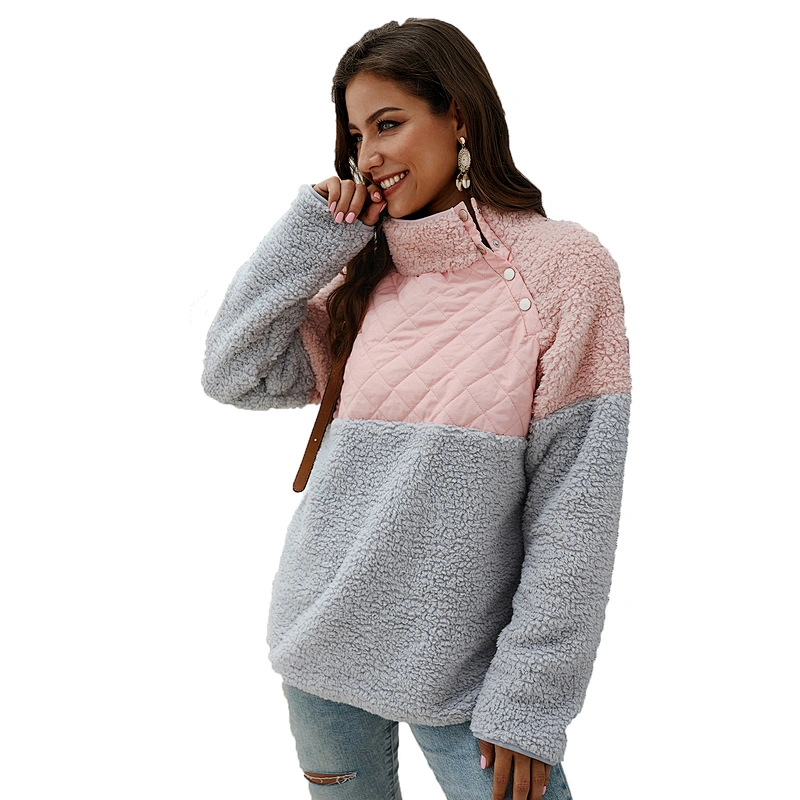 Women Casual Teddy Coat Oblique Button Sweatshirt Skew Collar Patchwork Sherpa Fleece Pullover