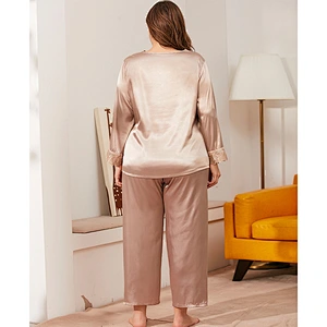 2021 New Arrivel Satin Silk Pajamas Set Lace V-neck Cardigan Suit With Long Sleeves