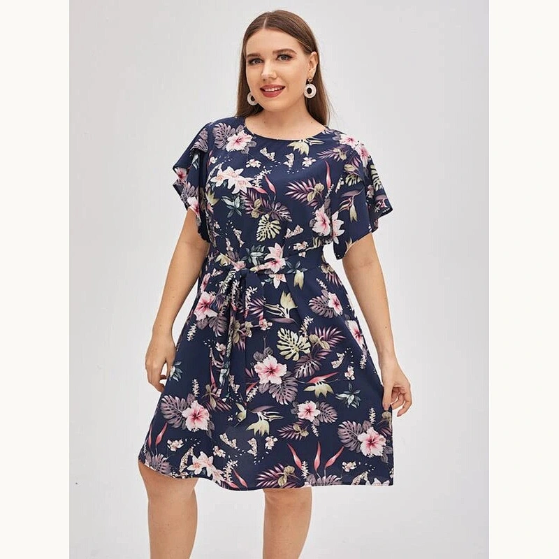 2021 New Plus Butterfly Sleeve Belted Tropical Print Dress