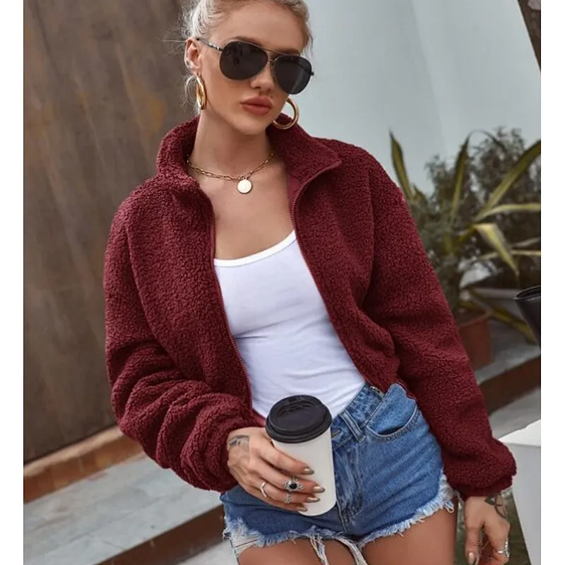 2021 Amazon Womens Solid Zip-up Jacket Sweatershirt Cropped Bomber Sherpa fleece pullover