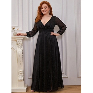 Latest Stylish Chiffon Women's V-Neck Shiny Plus Size Puff Sleeve Floor Lentgh Evening Dress