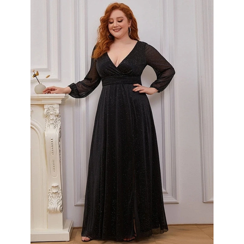 Latest Stylish Chiffon Women's V-Neck Shiny Plus Size Puff Sleeve Floor Lentgh Evening Dress