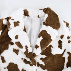Womens Cow Print Faux Fur Winter Suit Jacket Coat Button Two Side Pockets Sherpa Pullover