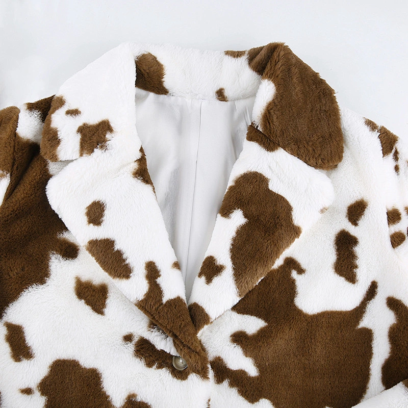 Womens Cow Print Faux Fur Winter Suit Jacket Coat Button Two Side Pockets Sherpa Pullover
