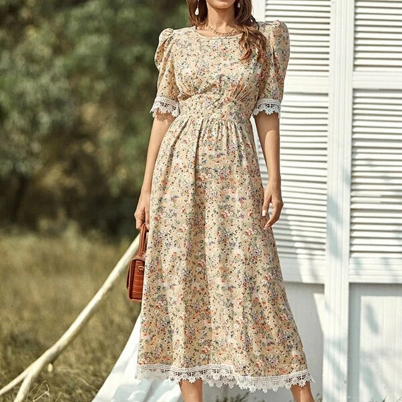 2021 New Arrival Lace Panel Puff Sleeve Floral A-line Dress Casual Dress  Street Style Lady Dress