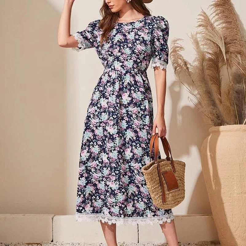2021 New Arrival Lace Panel Puff Sleeve Floral A-line Dress Casual Dress  Street Style Lady Dress
