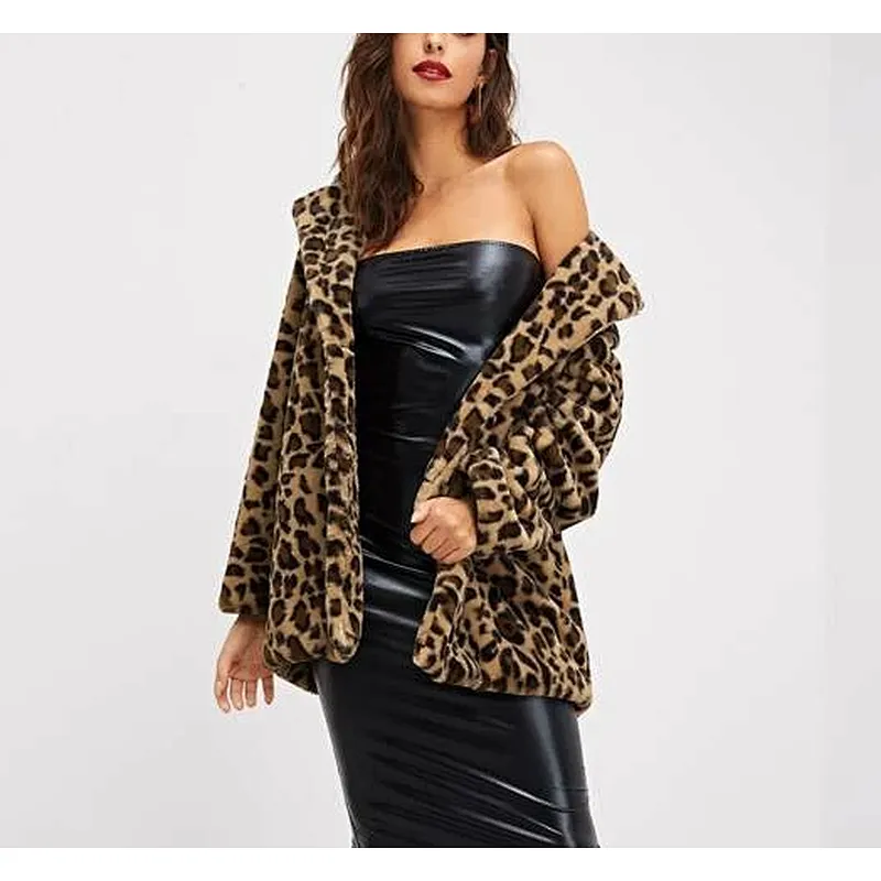 Womens Cow Print Faux Fur Teddy Coat Notch Collar Leopard Print Sherpa Fleece Pullover