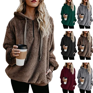 2020 Fall Winter Plus Size Women's Warm Long Sleeves Fleece Sherpa Pullover Hoodie With Pocket