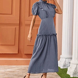 2021 New Arrival Puff Sleeve Stand Collar A-line Dress Laidies Dress Office Summer Dress