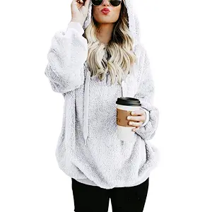 2020 Fall Winter Plus Size Women's Warm Long Sleeves Fleece Sherpa Pullover Hoodie With Pocket