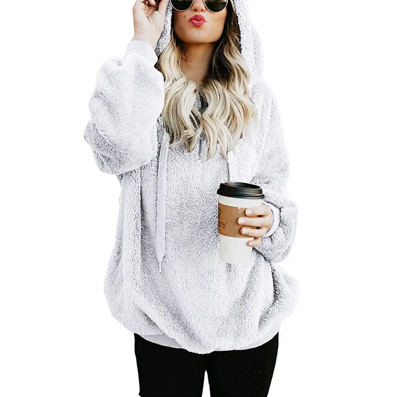2020 Fall Winter Plus Size Women's Warm Long Sleeves Fleece Sherpa Pullover Hoodie With Pocket